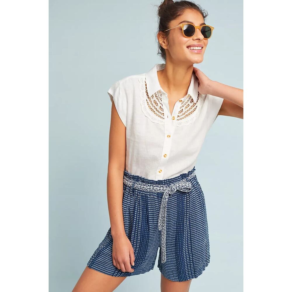 Maeve White Lace-Yoke Cap-Sleeve Blouse